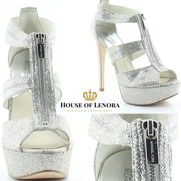 Michael Kors Shoes - Michael Kors Berkley T Strap Silver Glitter Platform High Heels, 0463-6